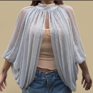 Sheer Draped Cape Blouse Silver Flowy Y2K Statement Top